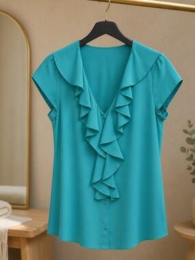 Banana Republic Teal Ruffle V-Neck Blouse